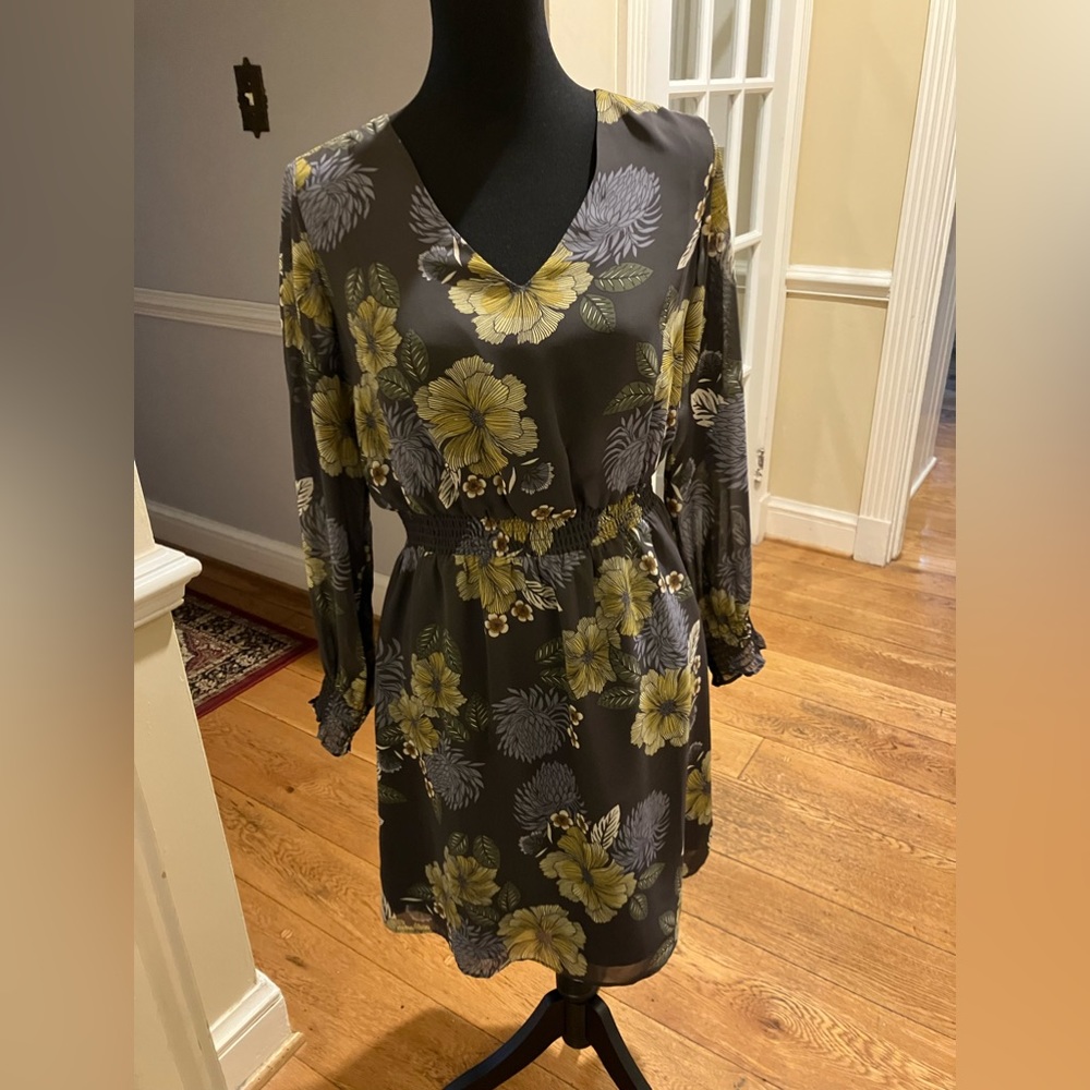LOFT Floral Dress in Yellow and Gray